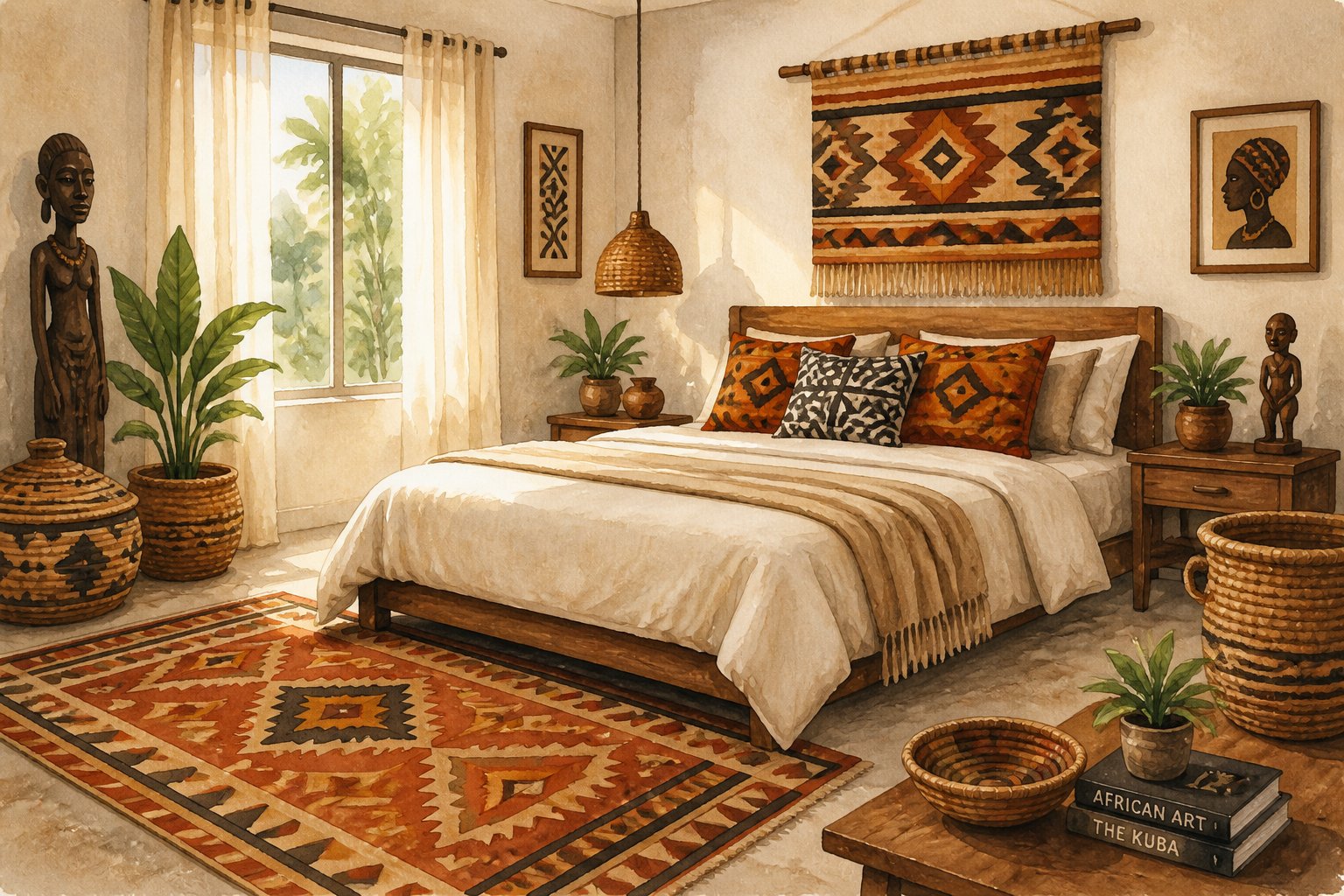 Une chambre confortable avec un lit, un tapis africain coloré au sol, des coussins décoratifs et des objets artisanaux africains autour.